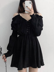 Plus Size Women's Gothic Black Mini Dress Sexy Off Shoulder High Waist Vintage Party Dress Long Sleeve V Neck Dress