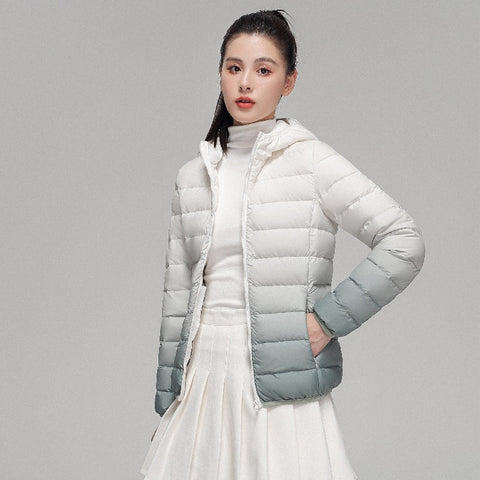 Hooded Down Coat Women Luxury Lightweight Slim Fit Gradient Pattern Elegant Winter Outerwear