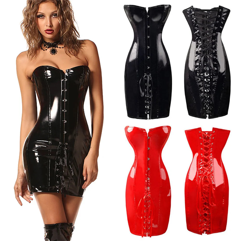 Short PVC Leather Corset Dress Black/Red Colors Sexy Shiny Women's Gothic Slim Body Vinyl Latex Club Mini Bodycon Dress