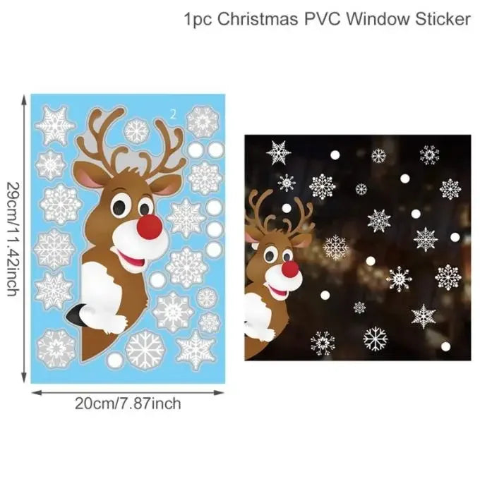 Christmas PVC window sticker with reindeer design on a blue and black background, showing dimensions.