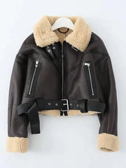 Women's Winter Faux Leather Vegan Fur Short Jacket with Belt Aviator Style Thick Warm Coat