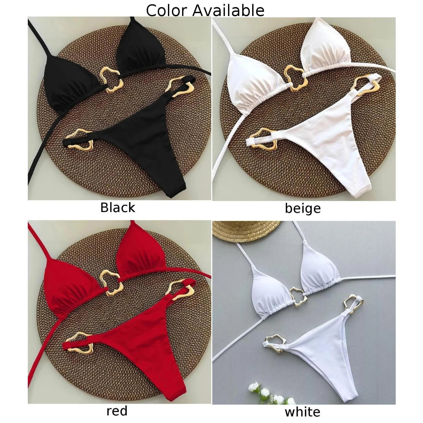 Four bikini sets in black, beige, red, and white on a textured surface with 'Color Available' text above.