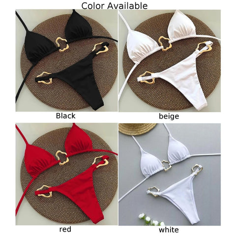 Four bikini sets in black, beige, red, and white on a textured surface with 'Color Available' text above.