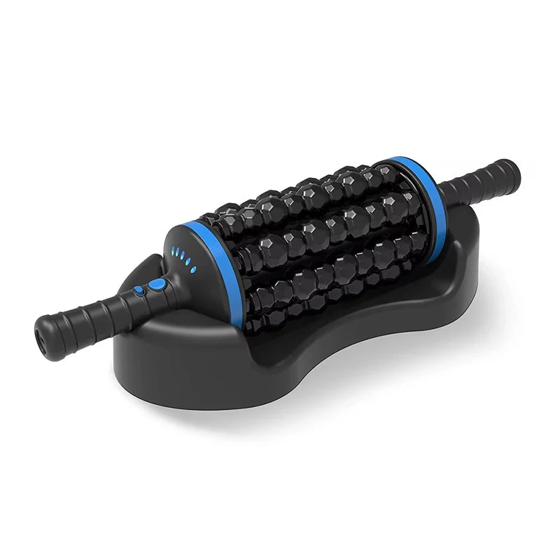 Black and blue massage roller device on a white background