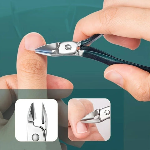 Nail clippers being used on a finger with a teal background