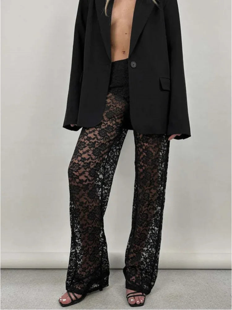Lace High Waist See-Through  Pants For Women Wide Leg Baggy Hollow Out Trousers High Fashion Straight Pants