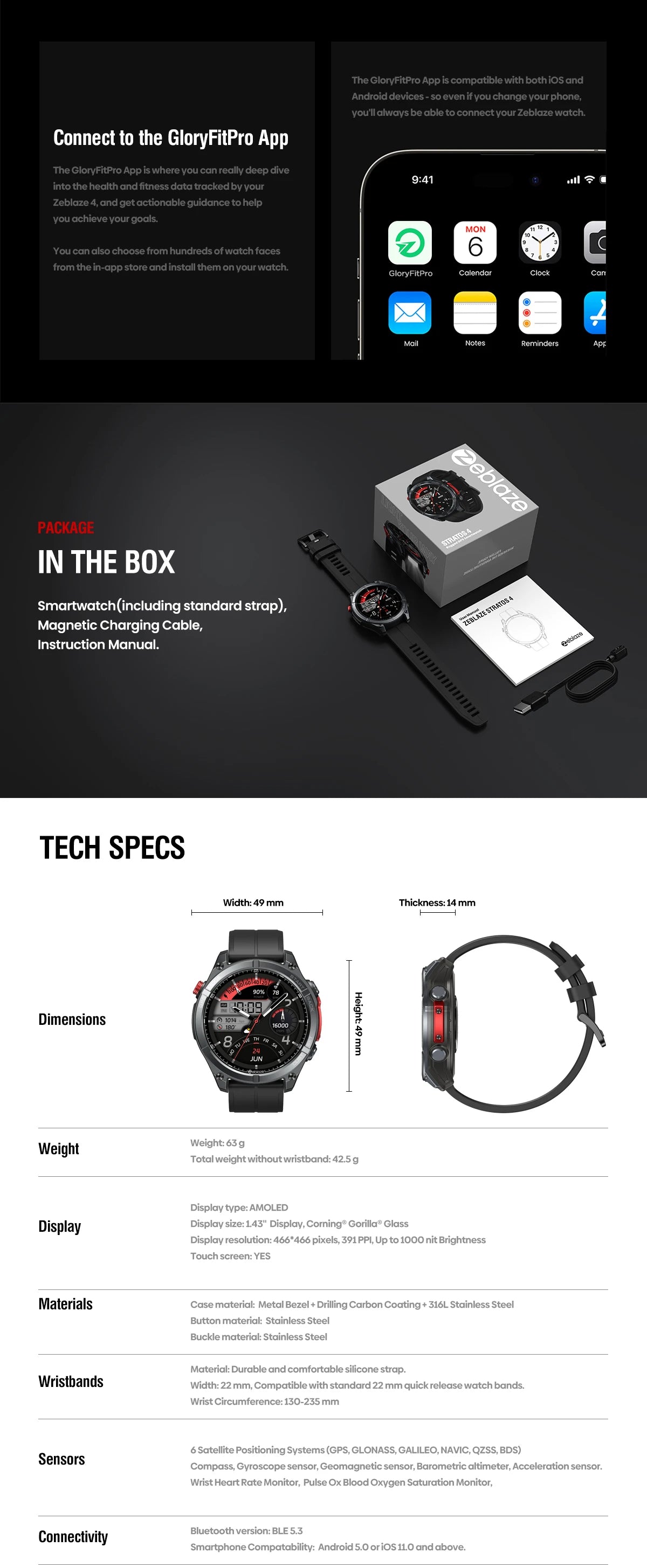 Product packaging with smartwatch and accessories on a black background, featuring text about app connectivity and tech specs.