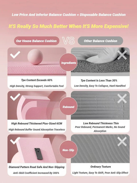 Comparison chart of 'Our House Balance Cushion' vs 'Other Balance Cushion' with features highlighted.