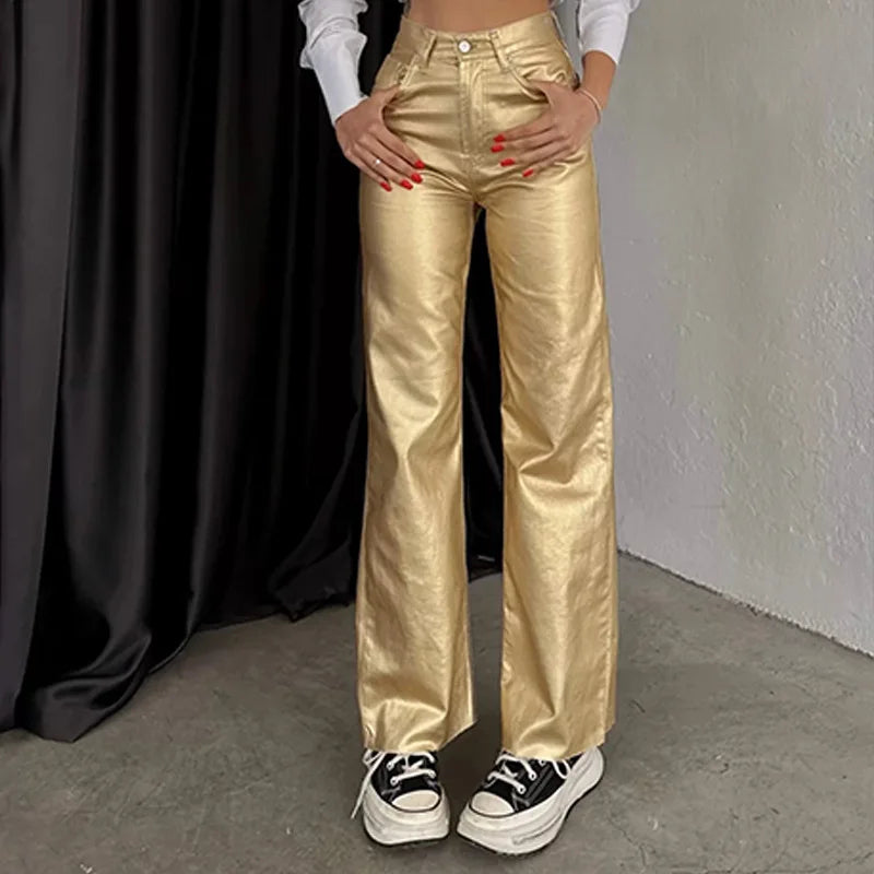 Gold & Silver High-Waist Metallic Straight Loose Fit Pants for Parties & Events