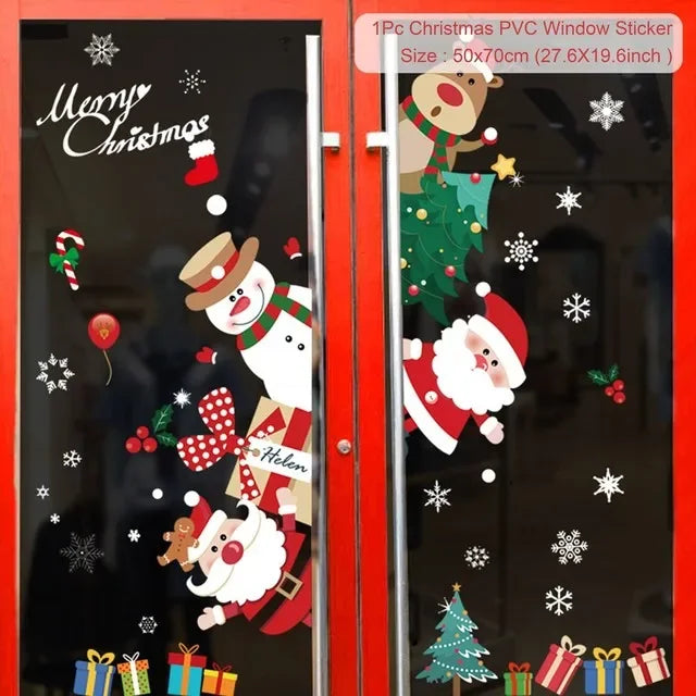 Christmas-themed window stickers with Santa Claus, snowman, and reindeer on a black background.