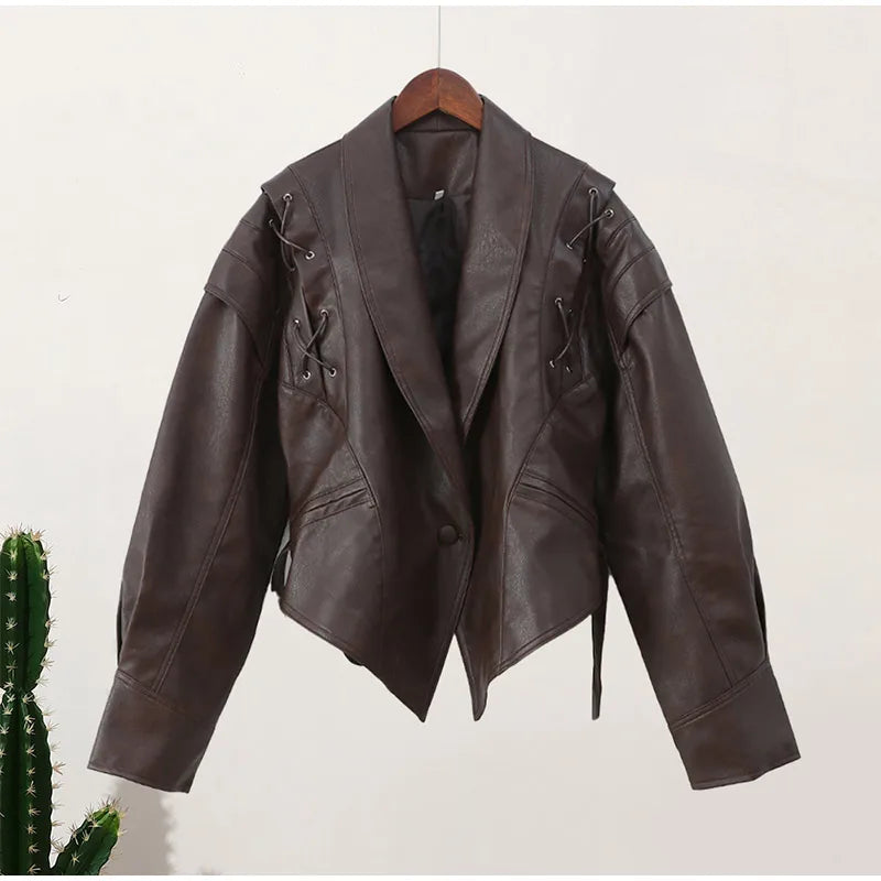 New Fashion Faux Leather Women's Short Jacket With Belt Turn Down Collar Long Sleeve Motorcycle Coat Warm Outerwear