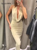 Sexy Knit Halter Backless Metallic Dress Chic Swinging Collar Sleeveless Slim Dresses Elegant Evening Party Wedding Guest Dress