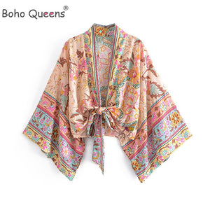 Boho Queens Vintage Floral Print Sashes Short Beach Robe Cover-ups