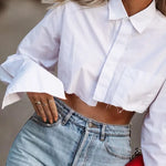 Boutique Fashion Shirt Crop Tops for Women  Elegant Blouses  with Flare Sleeve Sexy Asymmetrical Shirts Streetwear