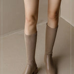 Knitted w/ Faux Leather Knee-High Sock Boots for Women New Fashion Slip On Med Heel Retro Elastic Boots