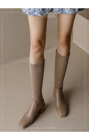 Knitted w/ Faux Leather Knee-High Sock Boots for Women New Fashion Slip On Med Heel Retro Elastic Boots