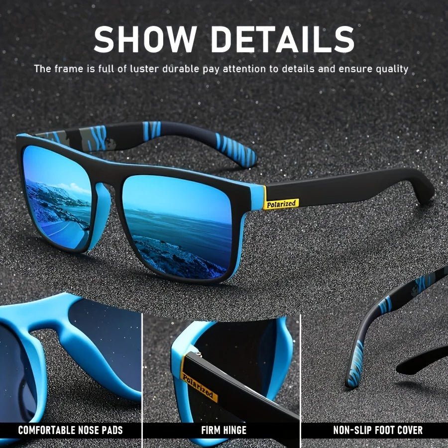 Polarized sunglasses with blue lenses on a dark textured background