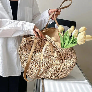 Handcrafted Round Straw Woven Beach Tote Bag Vacation Beach Hollow Out Shoulder Bag