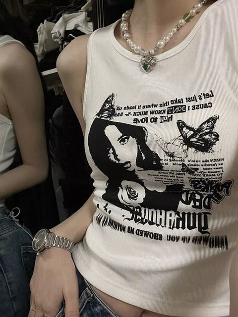 Tank Top Women Y2K Grunge Print Ribbed Knit Sleeveless Aesthetic Streetwear Spring Summer Casual Top