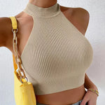 Sleeveless Knit Crop Top for Women Basic Solid Slim Fitted Halter Top Turtleneck Ribbed Vest Y2K High Neck Tops