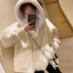 Faux Fur Women's White Coat Warm Winter Hooded Plush Jacket