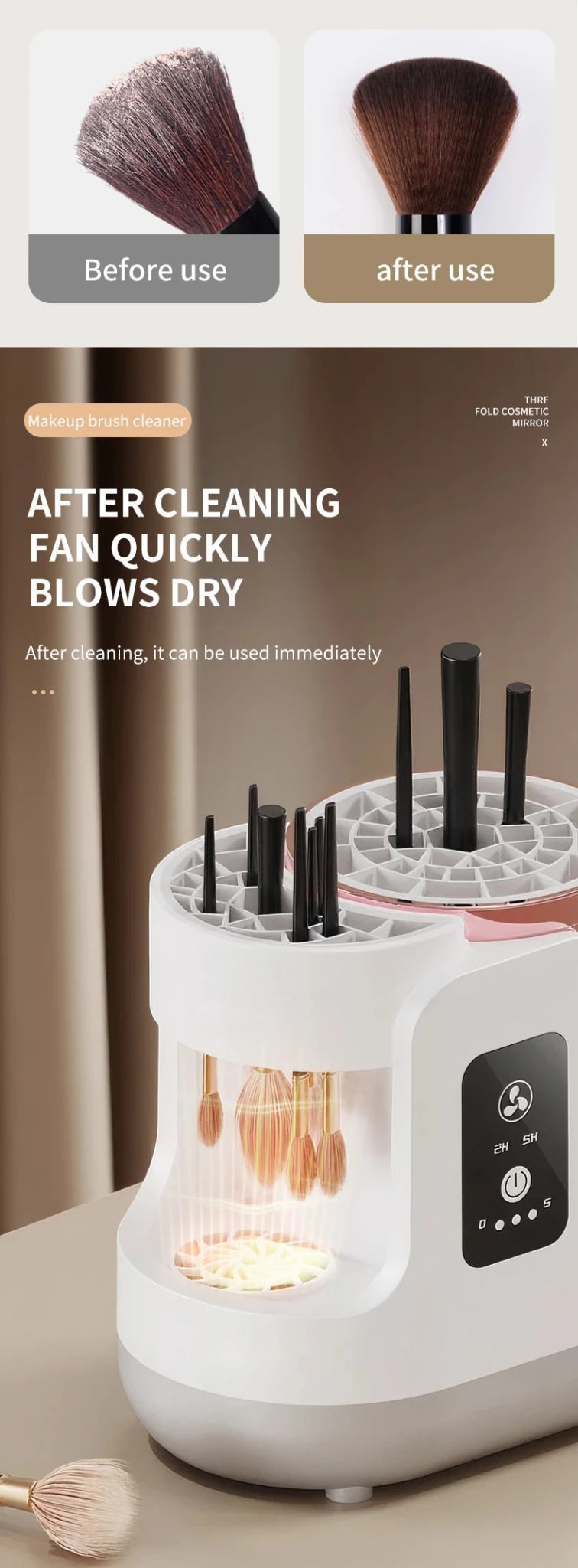 Cleaning device with brushes before and after use, showing text about quick drying.