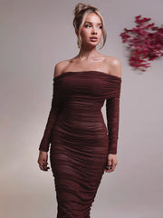 Chic Off-Shoulder Ruched Mesh Bodycon Midi Dress with Long Sleeves – Stylish Evening Wear