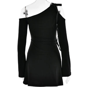 Sexy Strapless Long-sleeve Hollow Out Mini Dress For Women Bandage Slim Inclined Shoulder Dress Party Clubwear