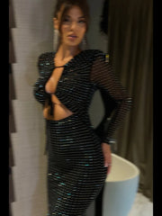 Elegant Sequin Sparkly Sexy Maxi Dress For Women Fashion Hollow Out Sheer Long Sleeve Bodycon Club Party Prom Long Dress