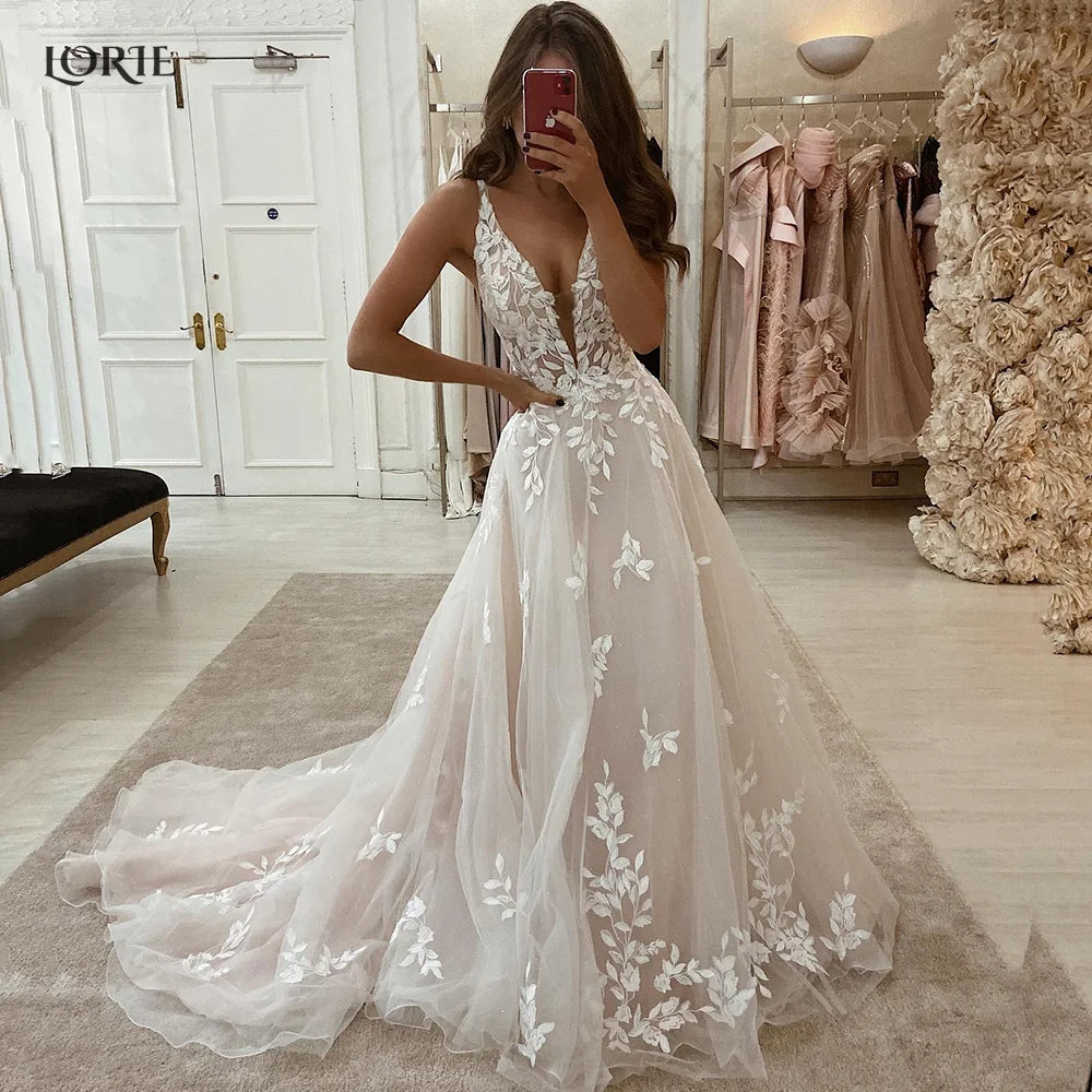 Boho Lace V-Neck Wedding Dress Women A-Line Chapel Train Appliqué Bridal Gown Custom Size