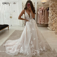 Boho Lace V-Neck Wedding Dress Women A-Line Chapel Train Appliqué Bridal Gown Custom Size