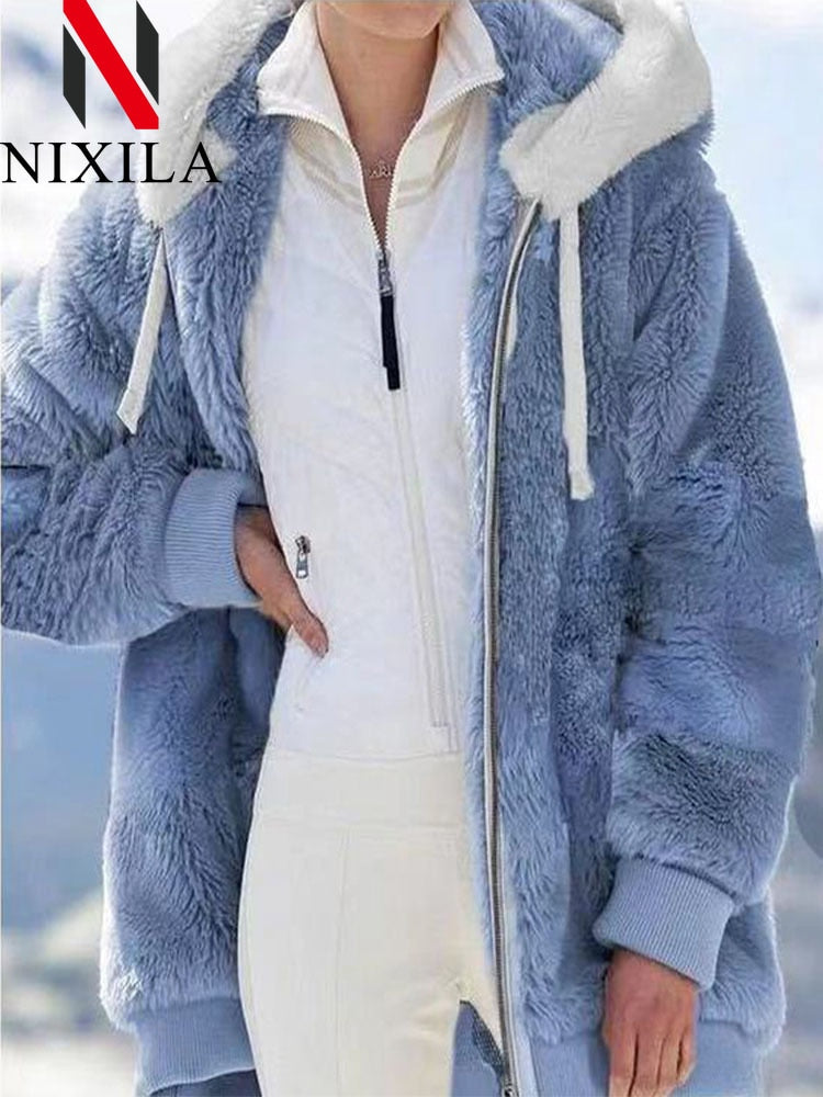 Women's Loose Plush Zipper Hooded Jacket