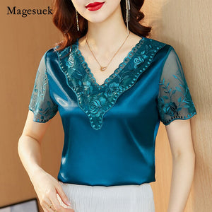 Short Sleeve Satin Lace Shirt Blouse Embroidered Stitch Elegant Tops for Women