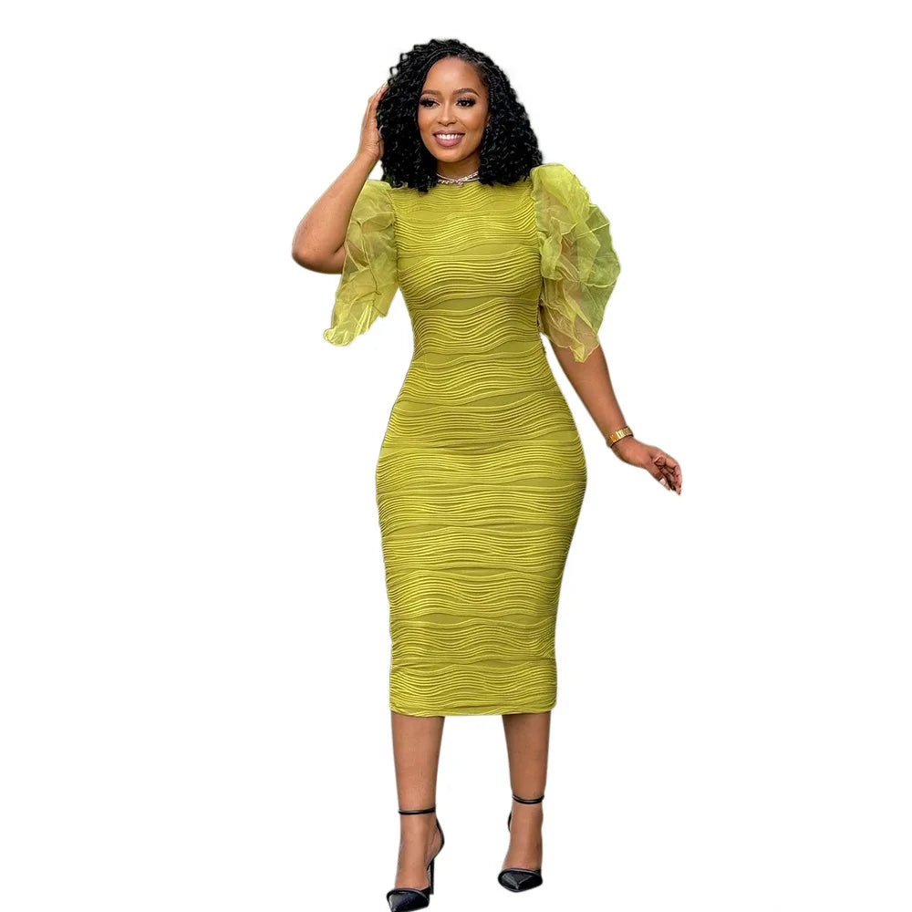 Elegant Hot Striped Bodycon Midi Dress with Sheer Ruffle Sleeves