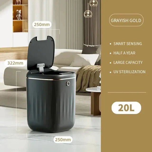 Black trash bin with dimensions and features on a beige background