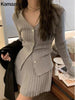 Elegant Pleated 2 Piece Skirt Set Slim Button Knitted Cardigan + High Waist Pleated Mini Skirt