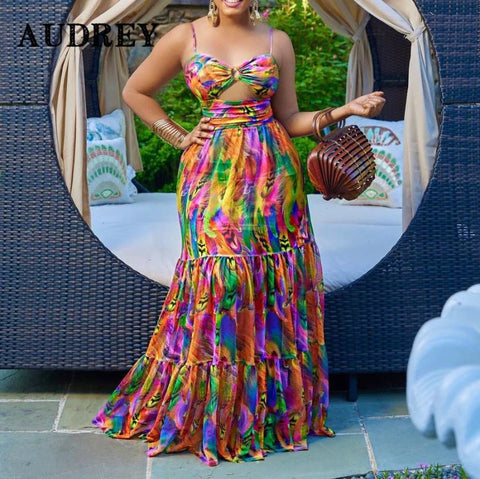 Maxi Dress Women Plus Size Flower Print Sleeveless Backless Boho Casual Summer Beach Party Dress