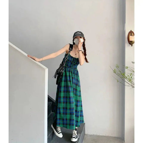 Midi Dress Women Plaid Teal French High Waist Slip Preppy Elegant Casual Spring Summer Fashion Dress