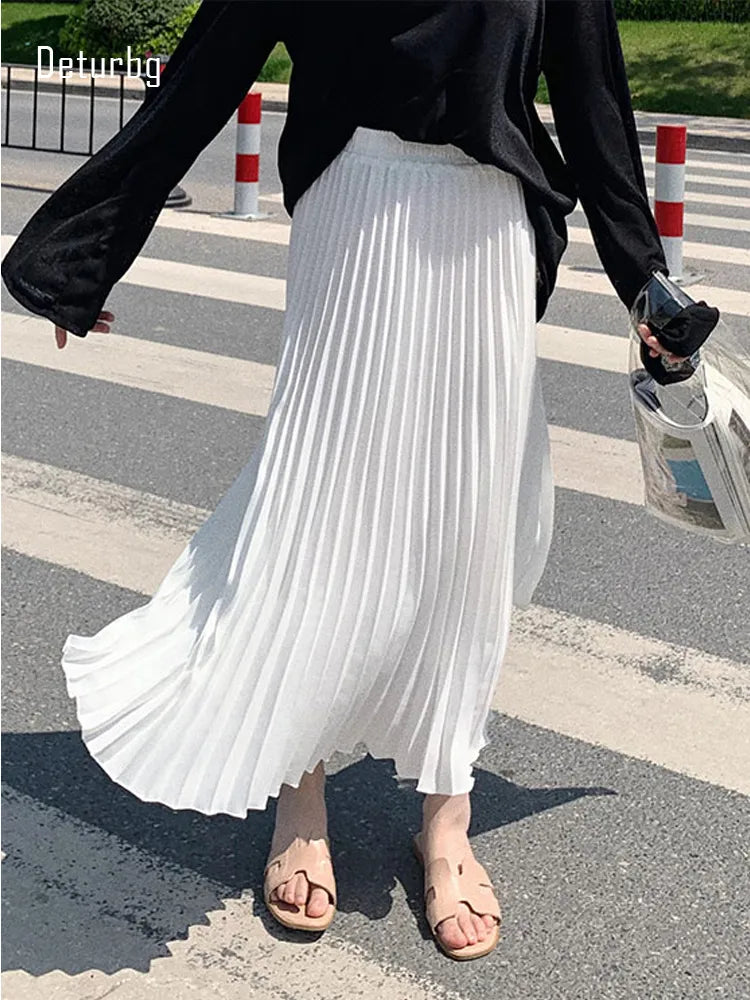 Women's Stretch Pleated Midi Long Skirt Casual High Elastic Waist Skirts