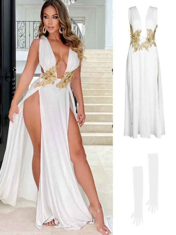 Women's Evening Party Dress Long Maxi Dress Sexy Summer Deep V Neck Backless Dress High Cut Out Slits