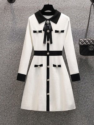 Knit Mini Dress Women Bow Tie Button Vintage Party Casual Elegant Fashion Sweater Dress