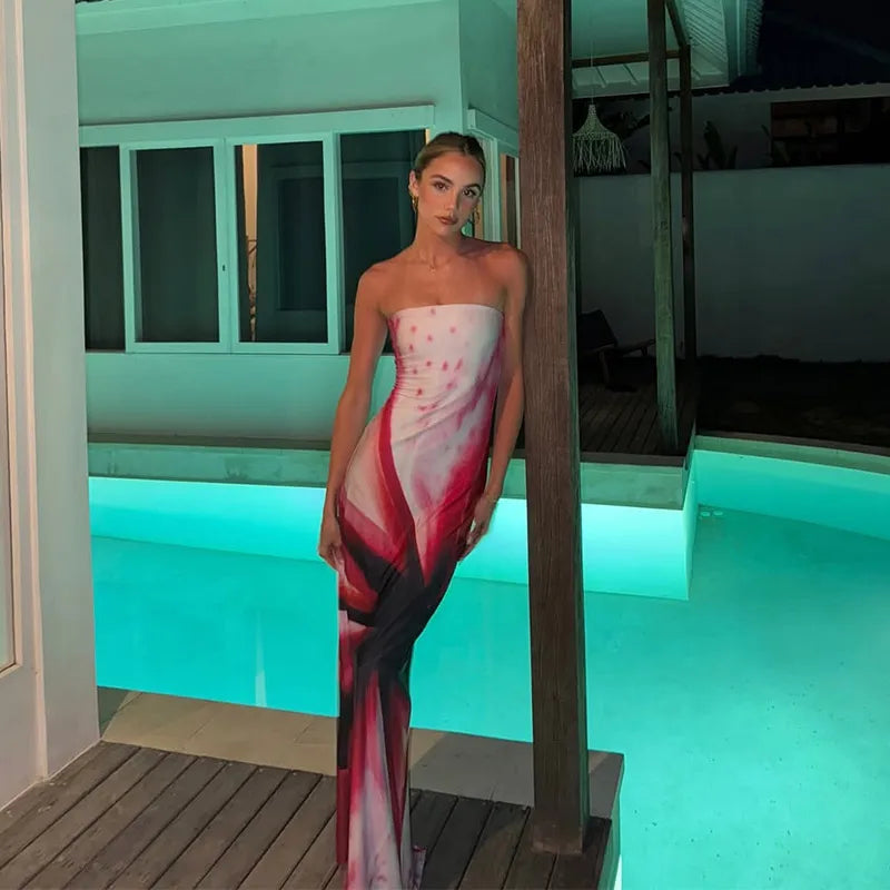 Stunning Strapless Printed Maxi Dress - Chic Women's Beach Robe