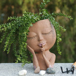 Unique Face Planters Pot for Indoor Outdoor Plants with Drainage Hole Cute Woman's Face Plant Pots Closed Eyes