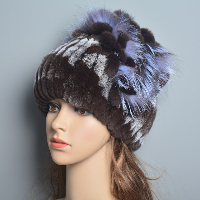 Women's Genuine Rex Rabbit Fur Hat Striped Top Flower Warm Real Fur Knit Beanie Caps