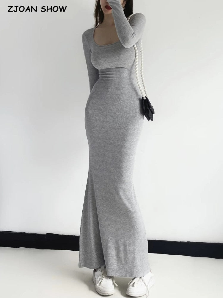Sexy Square Collar Knitted Cotton Maxi Long Mermaid Dress Women Full Sleeve Stretch Basic Bodycon Fishtail Robe Vestido Light Grey / S Sexy Square Collar Knitted Cotton Maxi Long Mermaid Dress Women Full Sleeve Stretch Basic Bodycon Fishtail Robe Vestido Light Grey / S