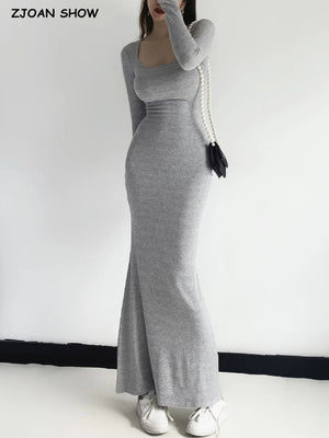 Square Collar Knitted Cotton Maxi Long Mermaid Dress