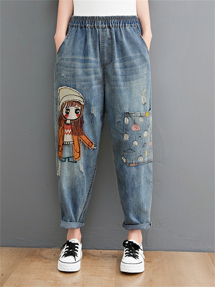 Women's Jeans Cartoon Litter Girl Embroidered Casual High Waist Denim Pants