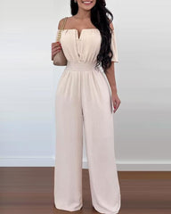 Jumpsuits for Women's Spring Summer Jumpsuit Off Shoulder Casual Short Sleeve Shirred Waist Wide Leg Jumpsuit