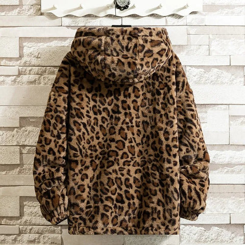 Faux Fur Coat Women Leopard Print Stand Collar Hooded Warm Winter Jacket Casual Outerwear Fashion