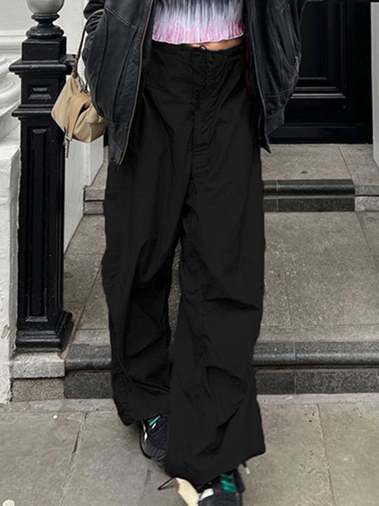 Low Waist Parachute Cargo Pants Women Loose Drawstring Wide Leg Casual Streetwear Fashion